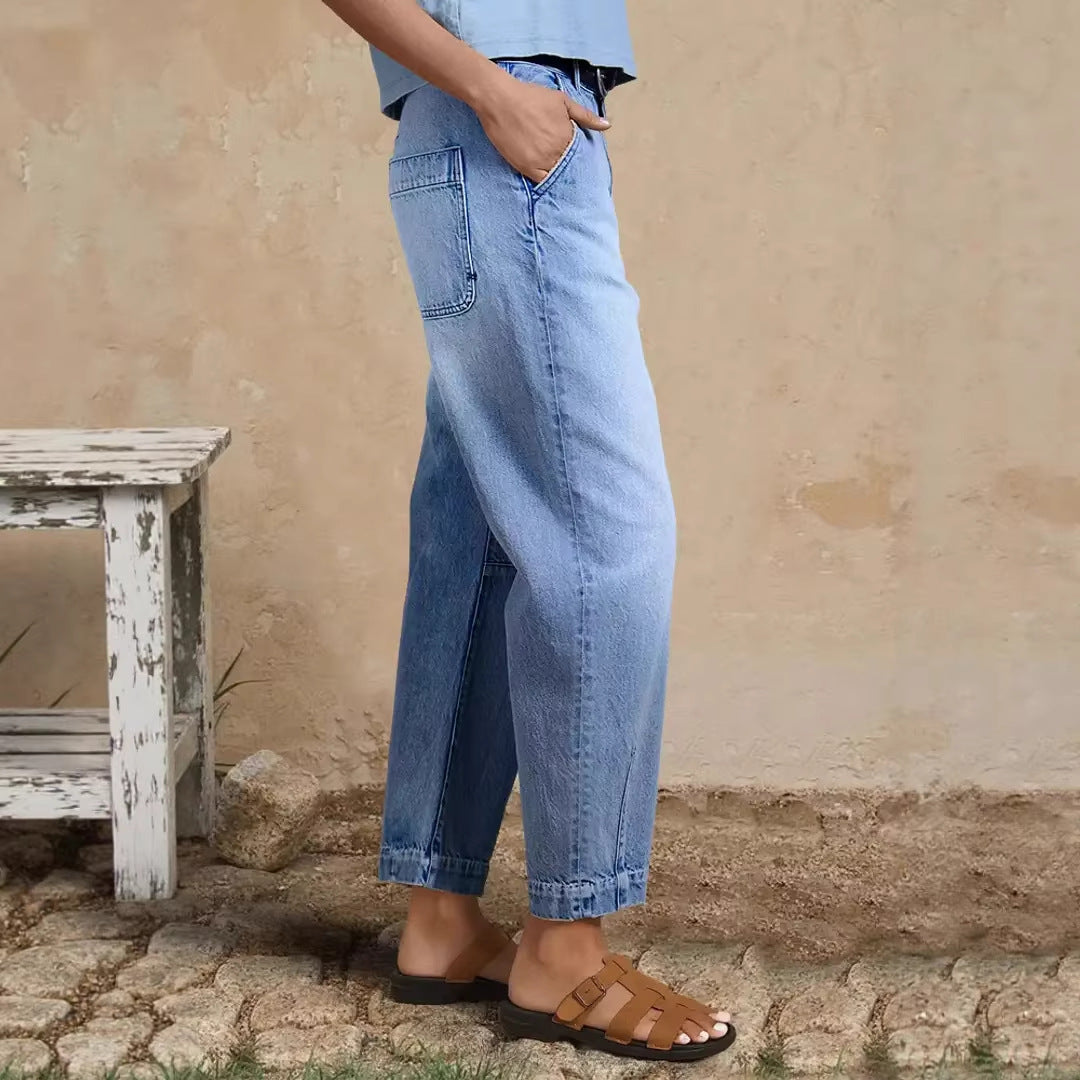 Dame løse jeans med moderne kort snit og høj talje