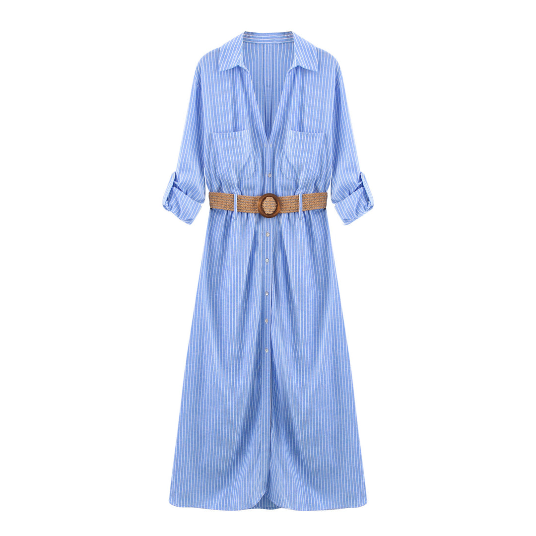 Femme Casual Button-Up Midi Kjole med Bælte Stilla