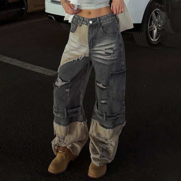 Kvinders trendy cargo jeans med filtet design og drop crotch Stilla