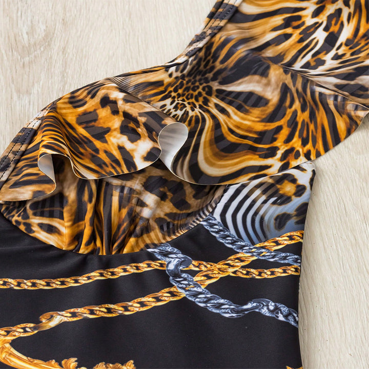 Dame en-delt badedragt med blomsteret leopardmønster og voluminøse volangdetaljer Stilla