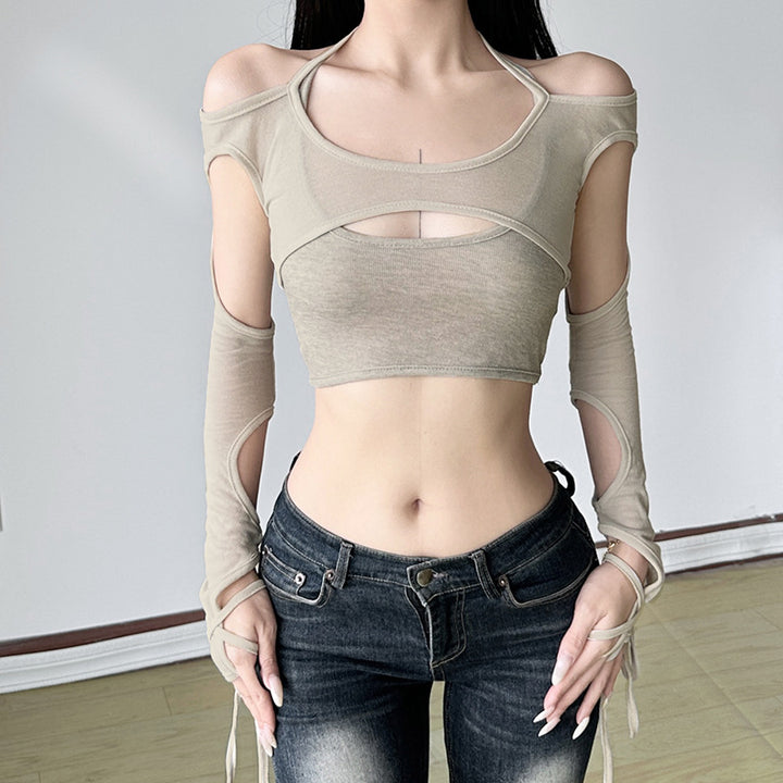 Dame Crop-Top med raffinerede ruffles detaljer og langærmet design Skovae