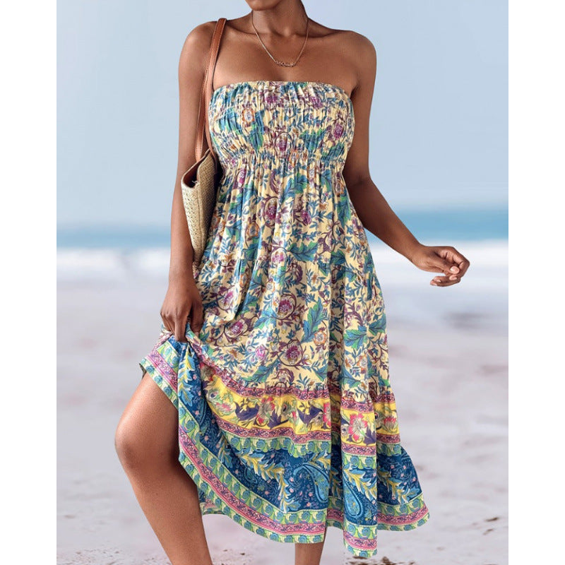 Dame sommerkjole i afslappet boho-stil med elastik Stilla
