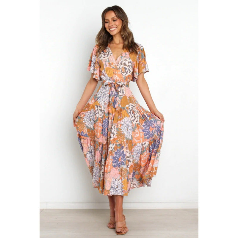 Dame Floraltryk Maxi Wrap Kjole med Lagdelt Nederdel Stilla