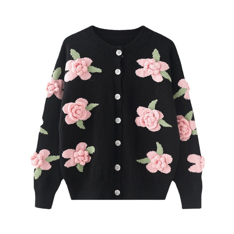 Dame cardigan med elegant blomster mønster og knaplukning Stilla