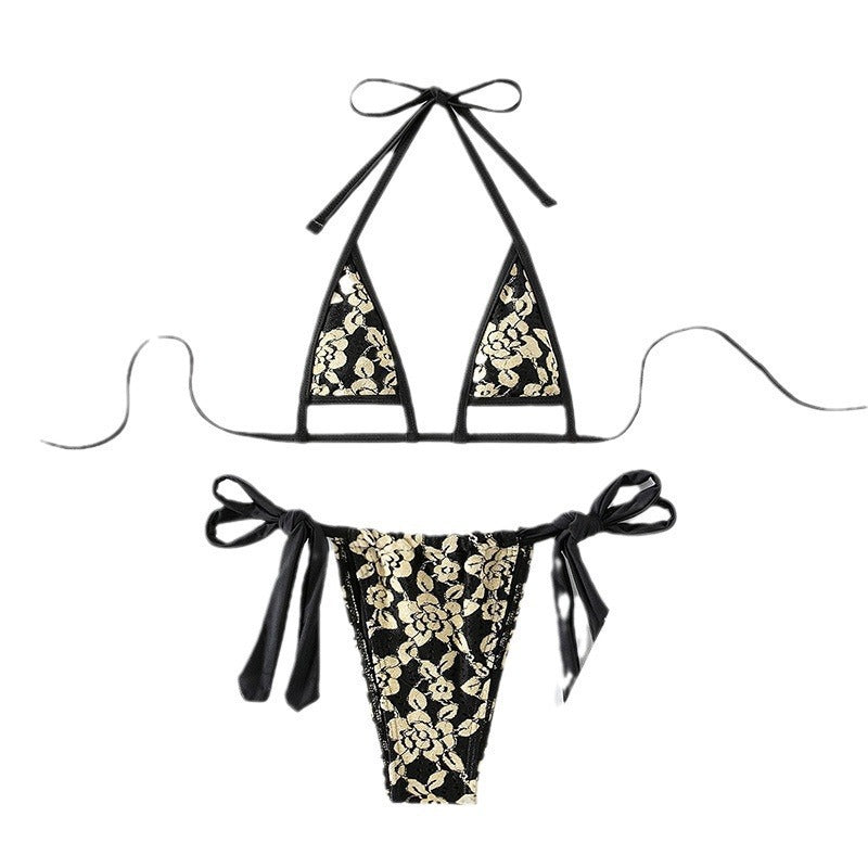 Dame trekant-bikini-sæt med blomster mønstret blonde og justerbare snore Stilla