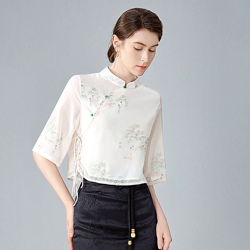 Dame kortærmet bluse med elegant ståkrave og blomsterdesign Stilla