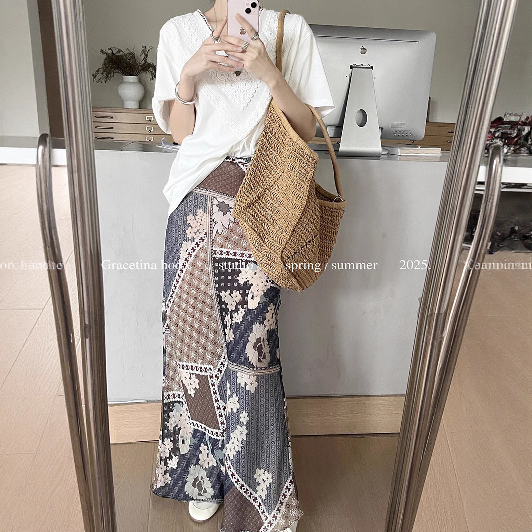Dame Patchwork Maxi-nederdel med spidsedetaljer og flydende snit Stilla