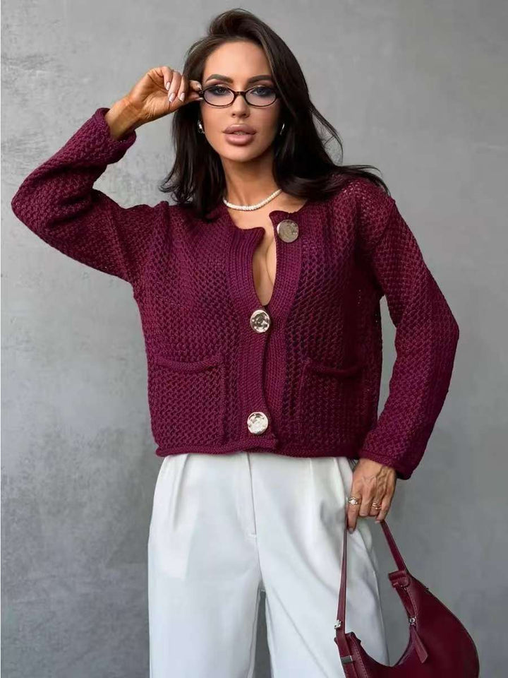 Dame mesh strik cardigan med praktiske lommer og dekorative knapper Stilla