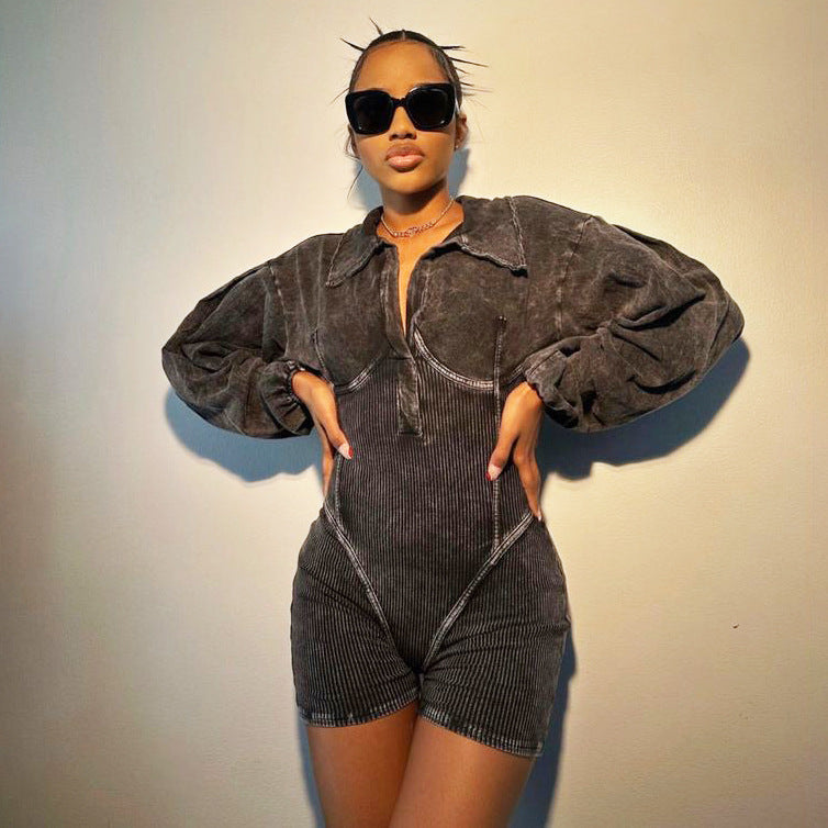Damer Mode Jumpsuit med Puffærmer og Ribbet Struktur Stilla