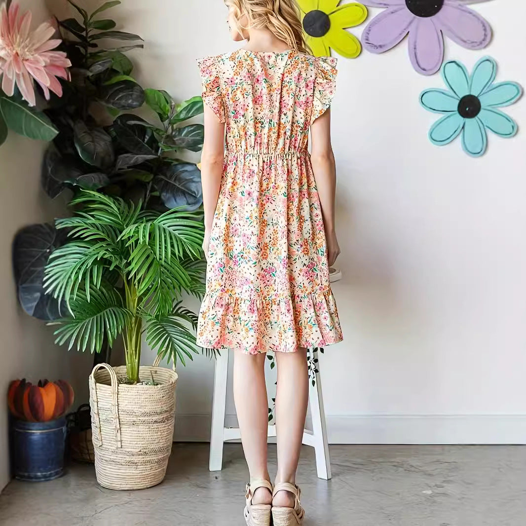 Dame Elegant blomstermønster sommerkjole med flæseudskæringer Stilla
