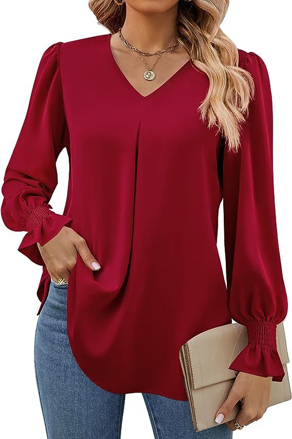 Dame elegant bluse med V-udskæring og voluminøse ærmer Stilla