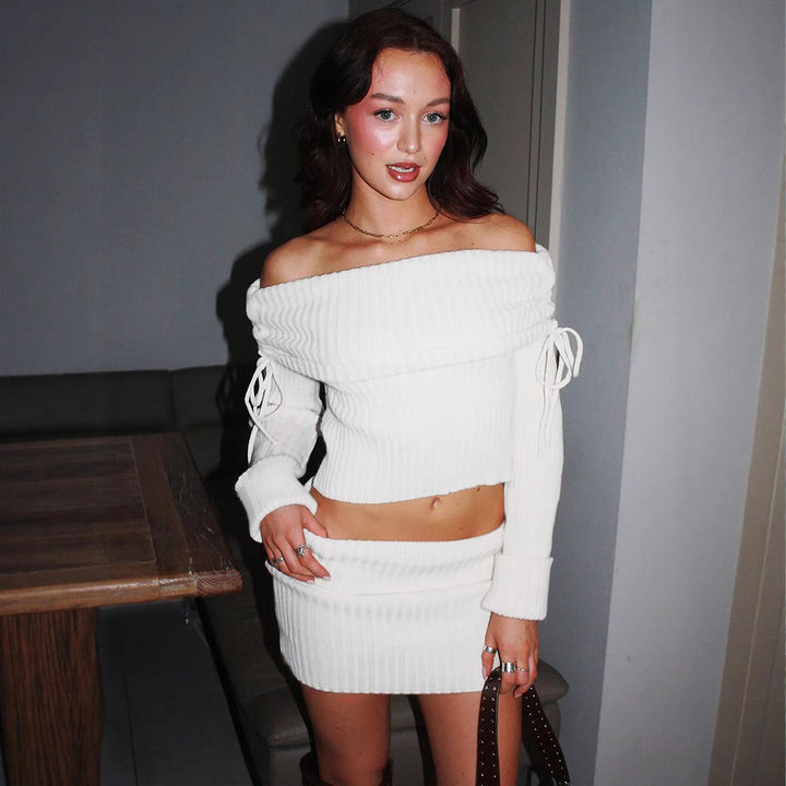 Dame Off-Shoulder Strik-Sæt med moderne detaljer Skovae
