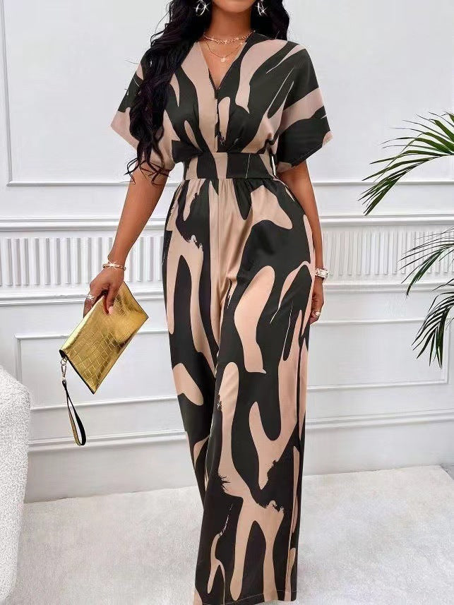 Dame Elegant Jumpsuit med stort mønster og V-udskæring Skovae