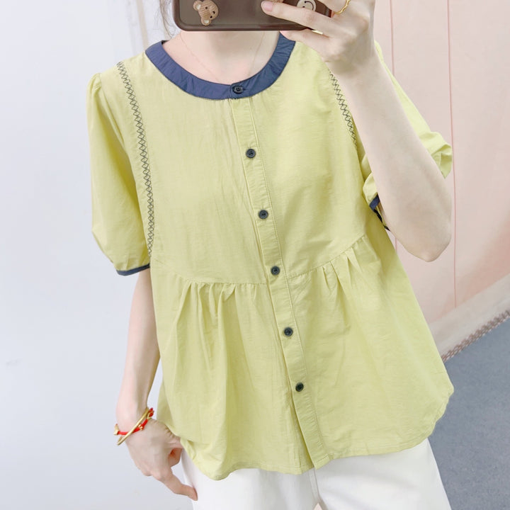 Dame elegant bluse med broderet krave og afslappet snit Stilla
