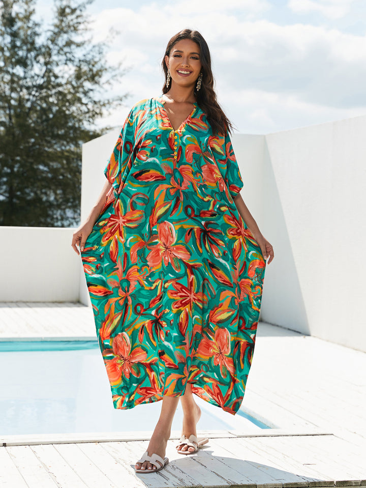 Dame Kaftan med floraltryk og fine detaljer Stilla