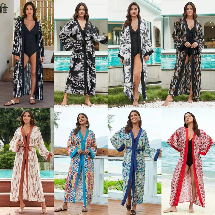 Dame Kimono-Style Strandovergangsrobe med kunstnerisk mønstermix Stilla