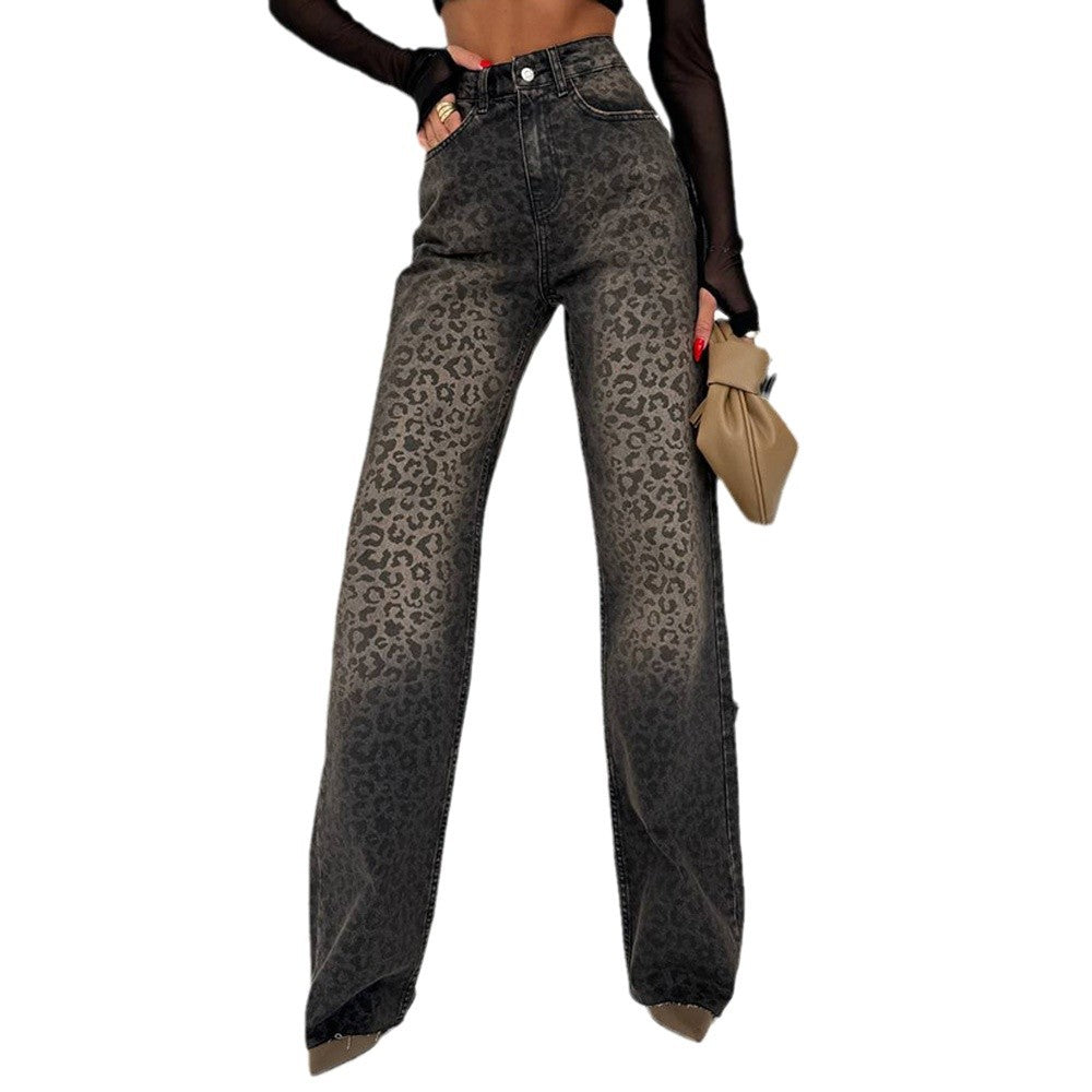 Dame brede jeans med leopardmønster Stilla