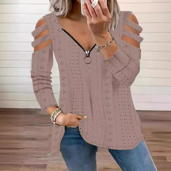 Dame V-hals bluse med cut-out ærmer og lynlås Stilla