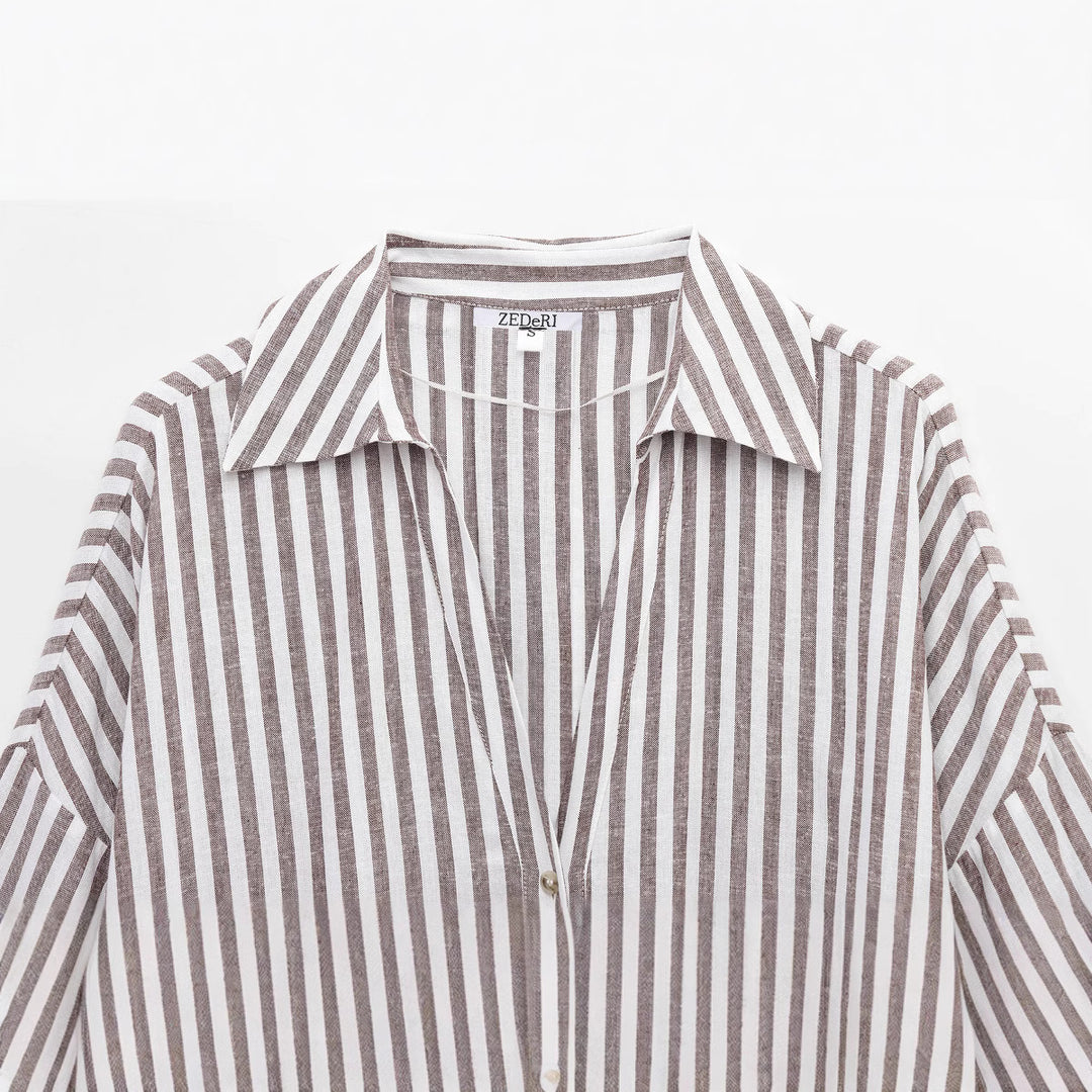 Femme Stribet Knap-Op Linned Bluse Stilla