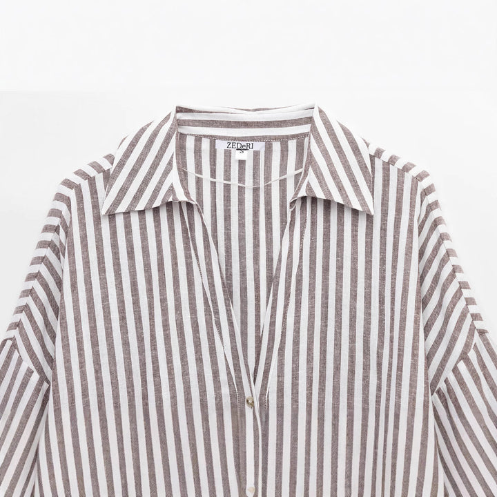Femme Stribet Knap-Op Linned Bluse Stilla