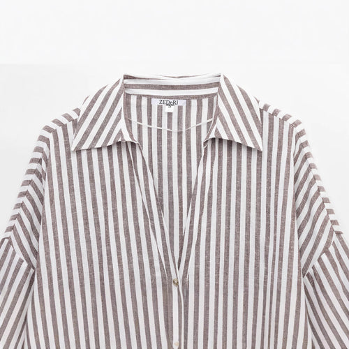 Femme Stribet Knap-Op Linned Bluse Stilla