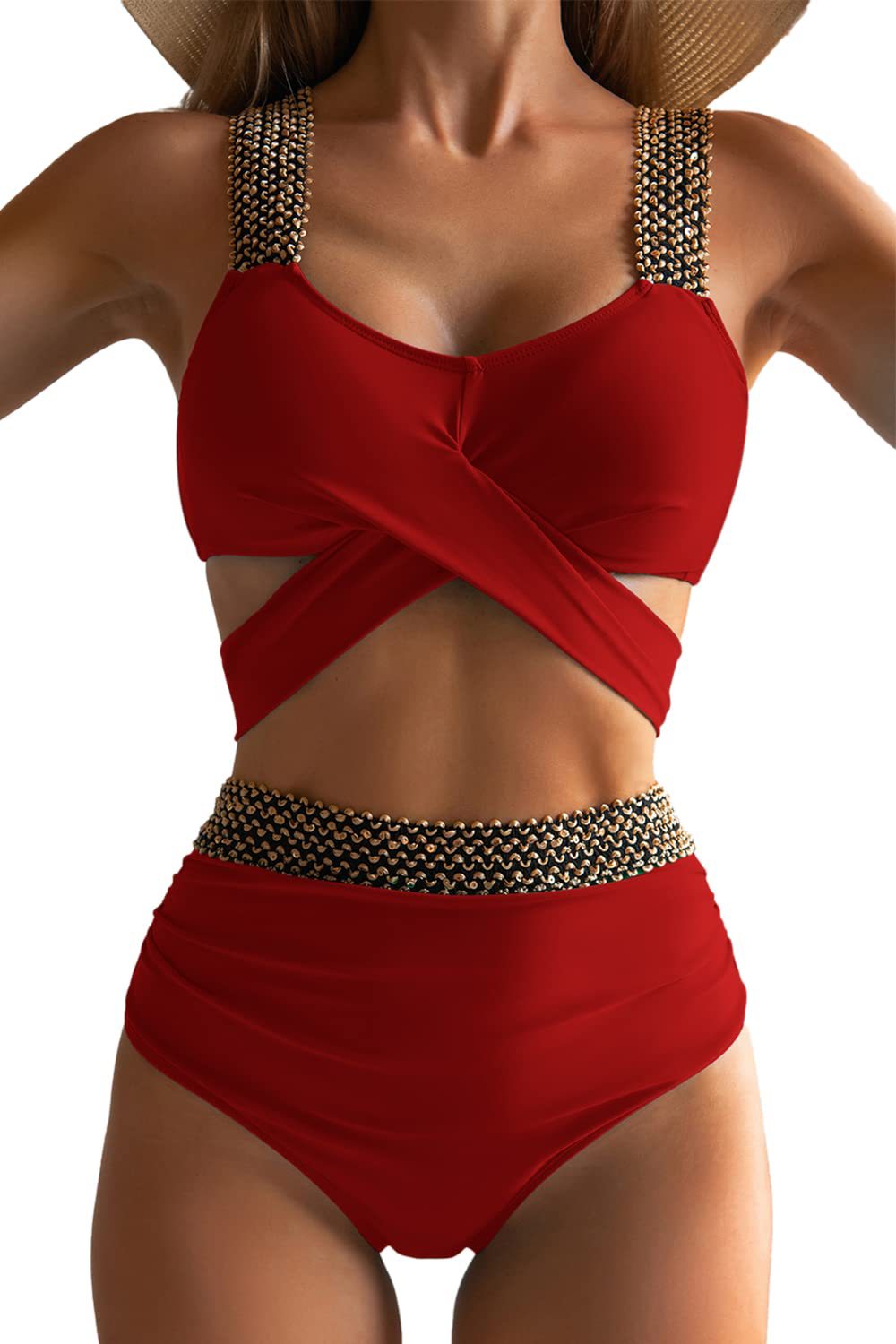Dame højt skåret bikini-sæt med elegant indviklet design og smykkedetaljer Stilla