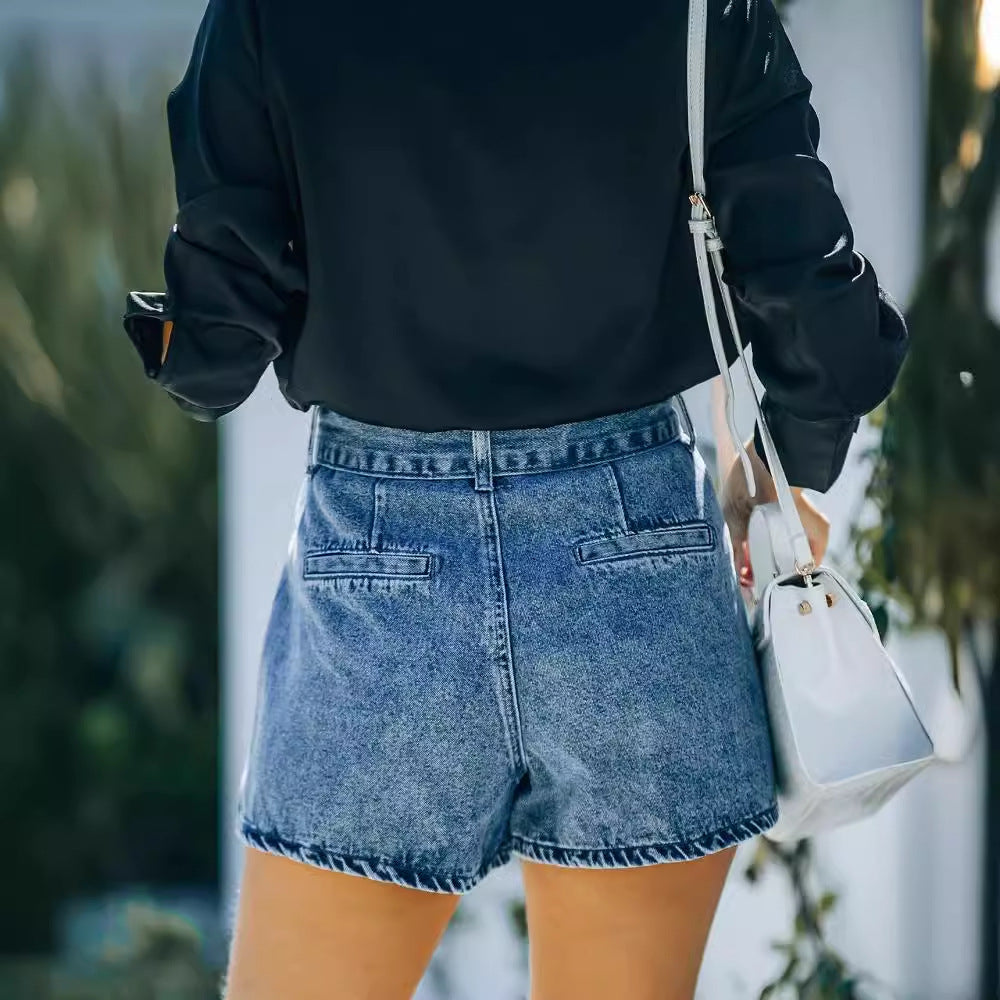 Dame denim shorts med høj talje og tætsiddende snit Stilla
