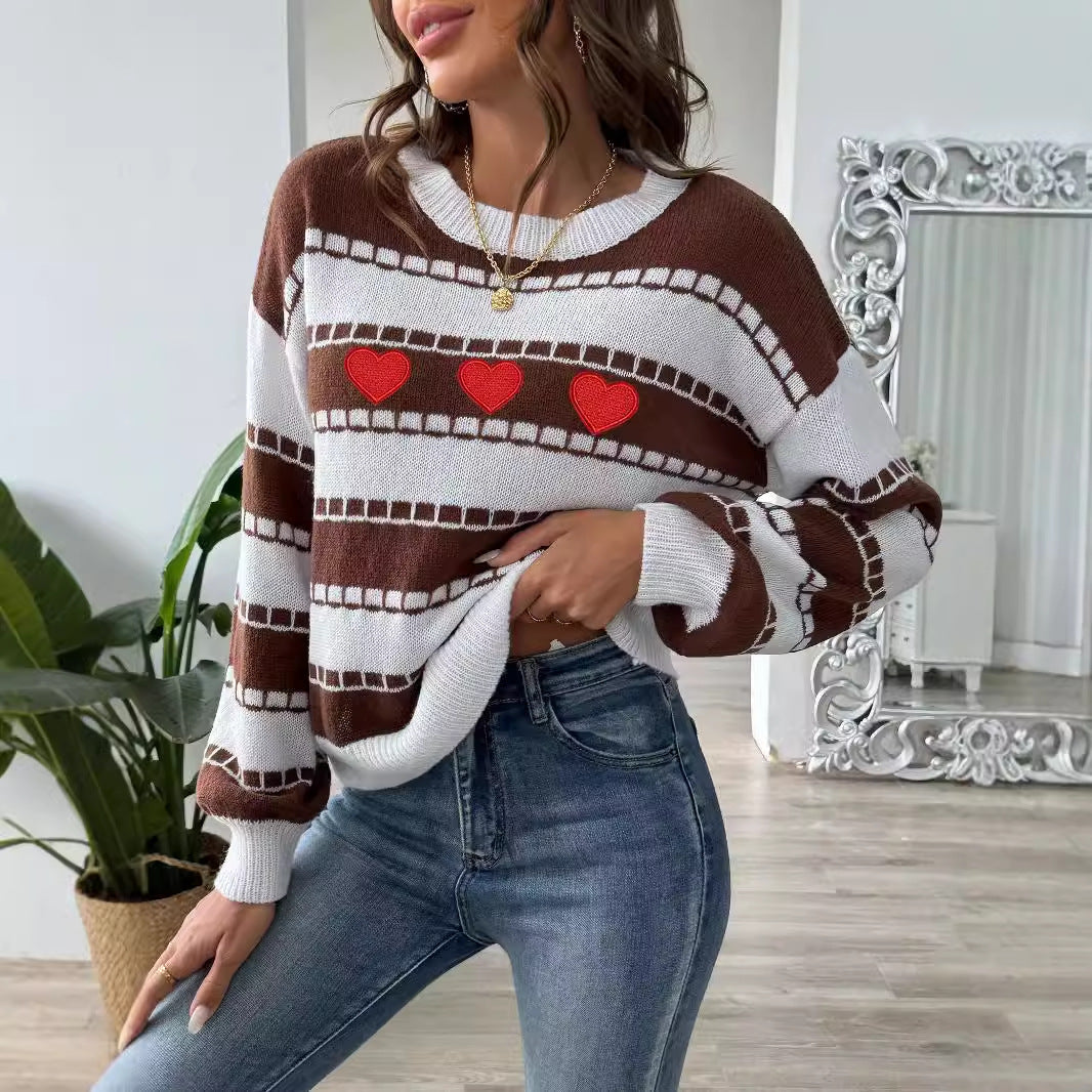 Dame afslappet pullover med hjerte mønster og brede ærmer Stilla