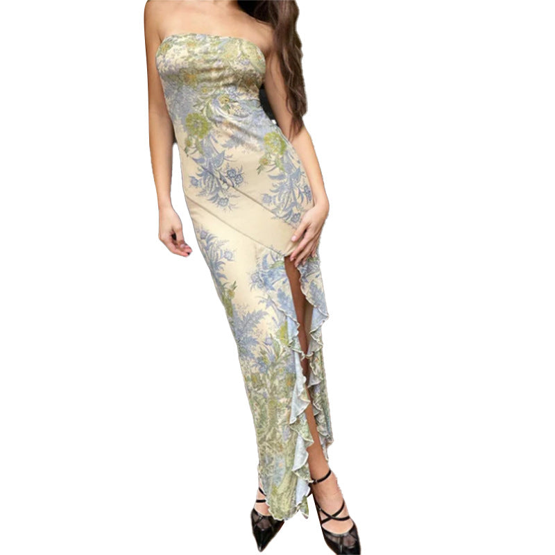 Dame Elegant Bandeau-kjole med blomsterdesign og høj slids Skovae