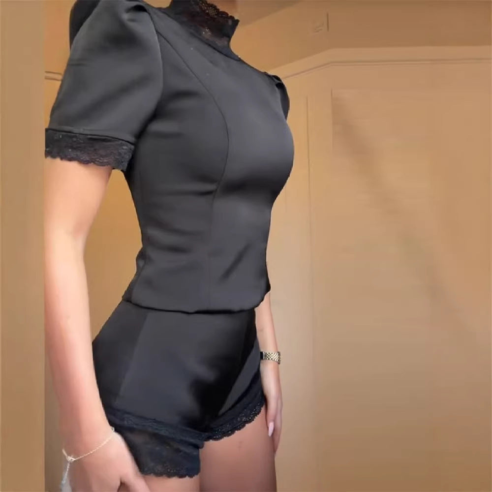 Dame Satin sove shorts med blondedekoration Skovae