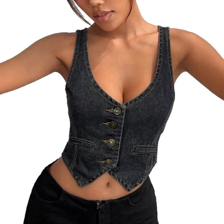 Dame Denim Bustier-top med knapdetaljer og forlænget silhuet Skovae