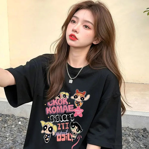 Dame T-shirt med kunstnerisk cartoon-print i afslappet oversized-snit Stilla
