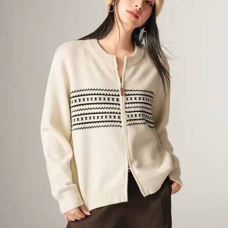 Kvinders cardigan med elegant lynlås og grafisk mønster Stilla