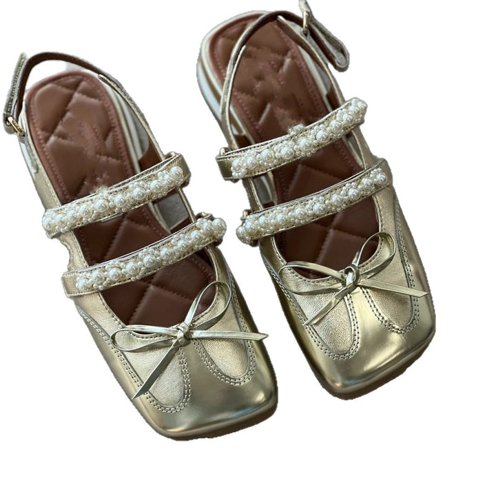 Dame elegante ballerinas med kvadratisk tåform og perleudsmykninger Stilla