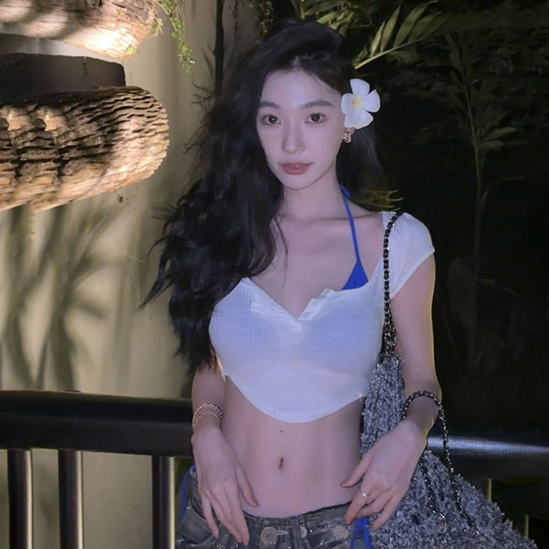 Dame Crop-Top med legende rygsnøredesign og moderne stribestrik Stilla