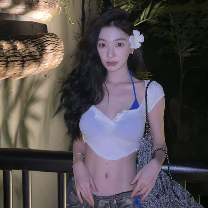 Dame Crop-Top med legende rygsnøredesign og moderne stribestrik Stilla