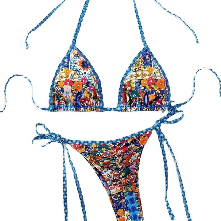 Dame Floral Print Trefold-Bikini-Sæt med justerbare bånd Stilla