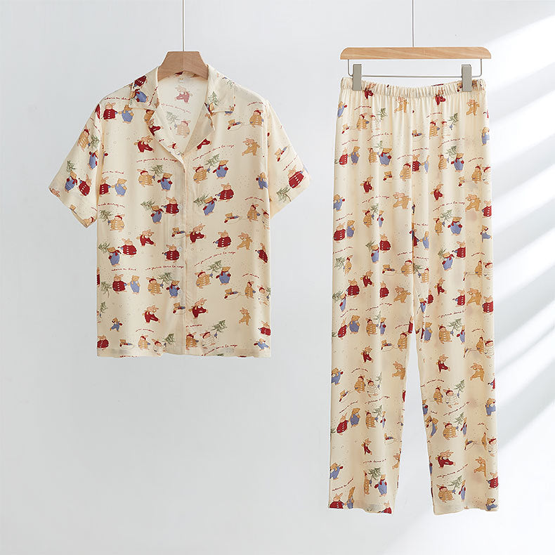 Damer Pyjamasæt med kreativt cartoonmotiv og elastiske shorts Stilla