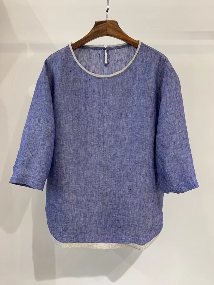 Femme Elegante Linned blouse med trekvartærmer Stilla