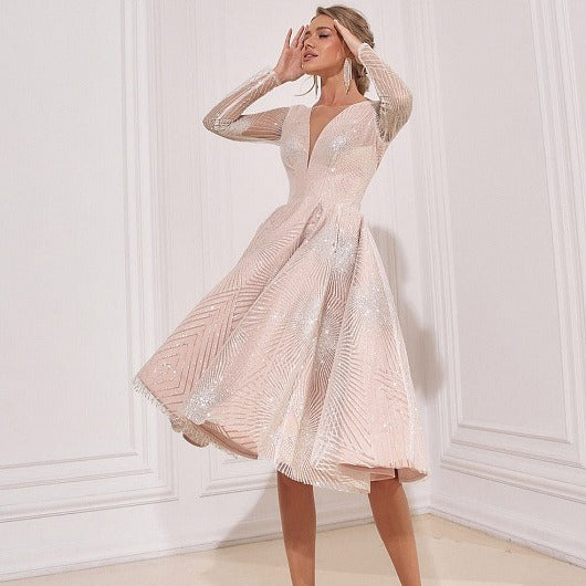 Damer Elegant aften kjole med glitrende Lurex-applikationer og lange ærmer Stilla