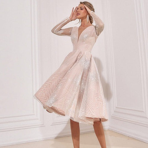 Damer Elegant aften kjole med glitrende Lurex-applikationer og lange ærmer Stilla