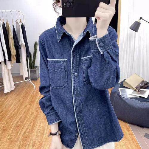 Dame afslappet denimbluse med kontrasterende krave Stilla