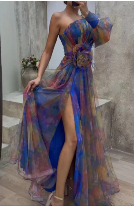 Dame Elegant Maxi Kjole med Asymmetrisk Design og Blomster Accenter Skovae
