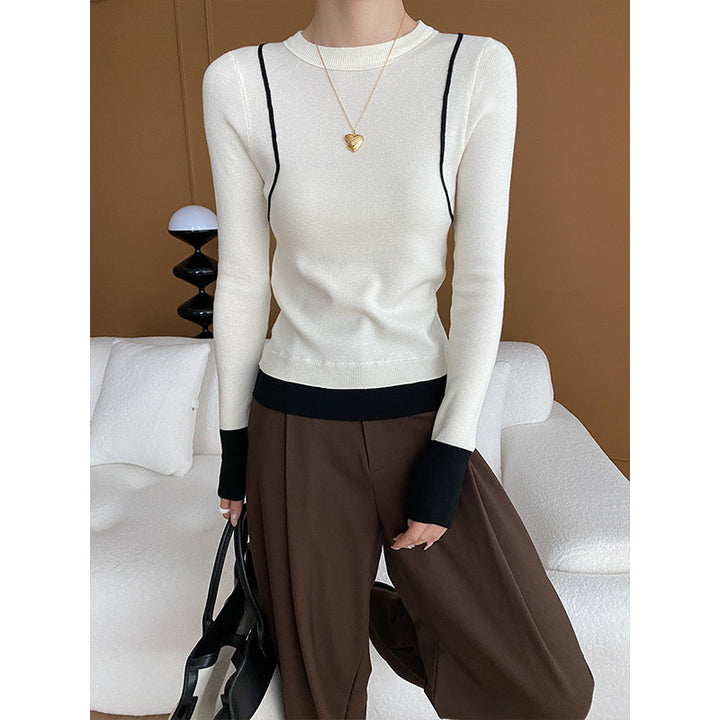 Damer elegant rundhals sweater med kontrasterende ærmer og fin ribbet tekstur Stilla