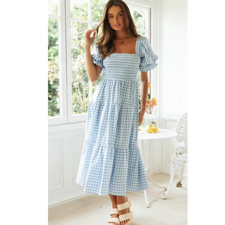 Dame Stufen-Gingham Midi Kjole med Puffærmer Stilla