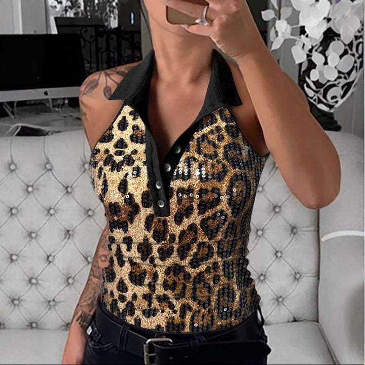 Dame Strassbesat Leopardmønster Top Stilla