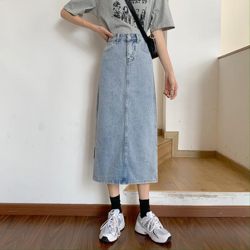 Damer Lang Denim Nederdel med Chic Slids Stilla