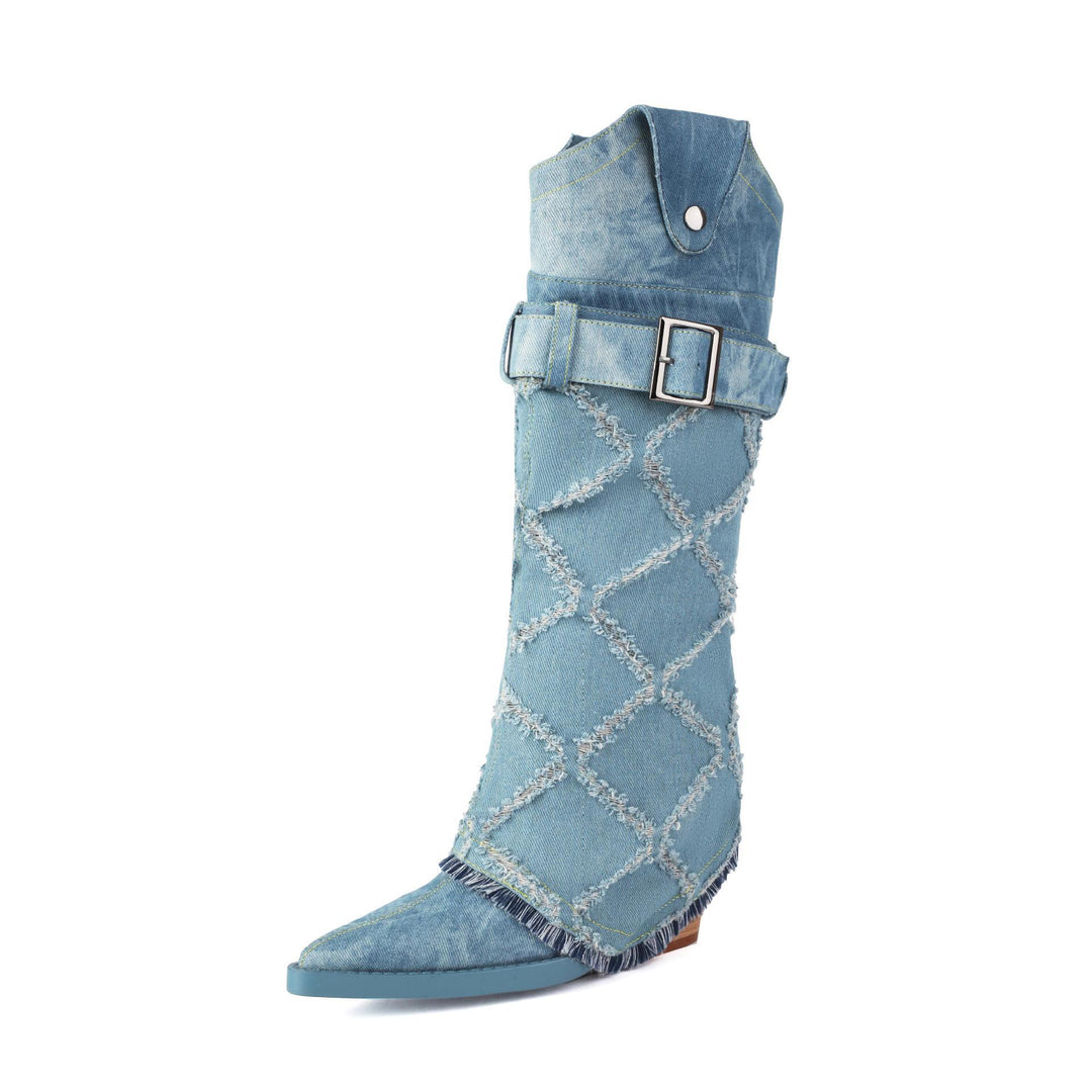 Femme Stilfulde Denim Over-knæ Cowboy-støvler Stilla