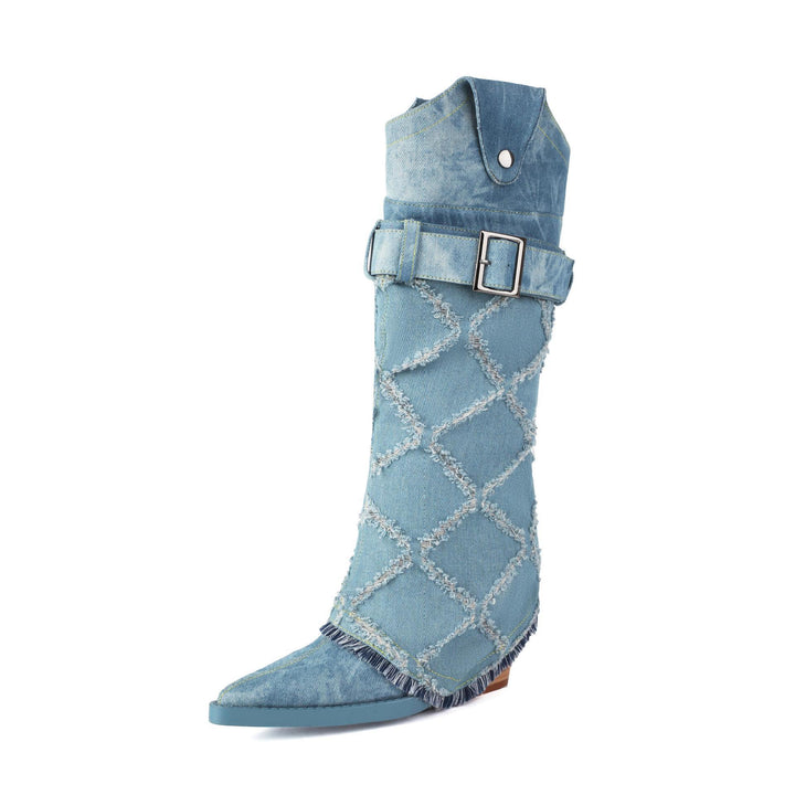 Femme Stilfulde Denim Over-knæ Cowboy-støvler Stilla