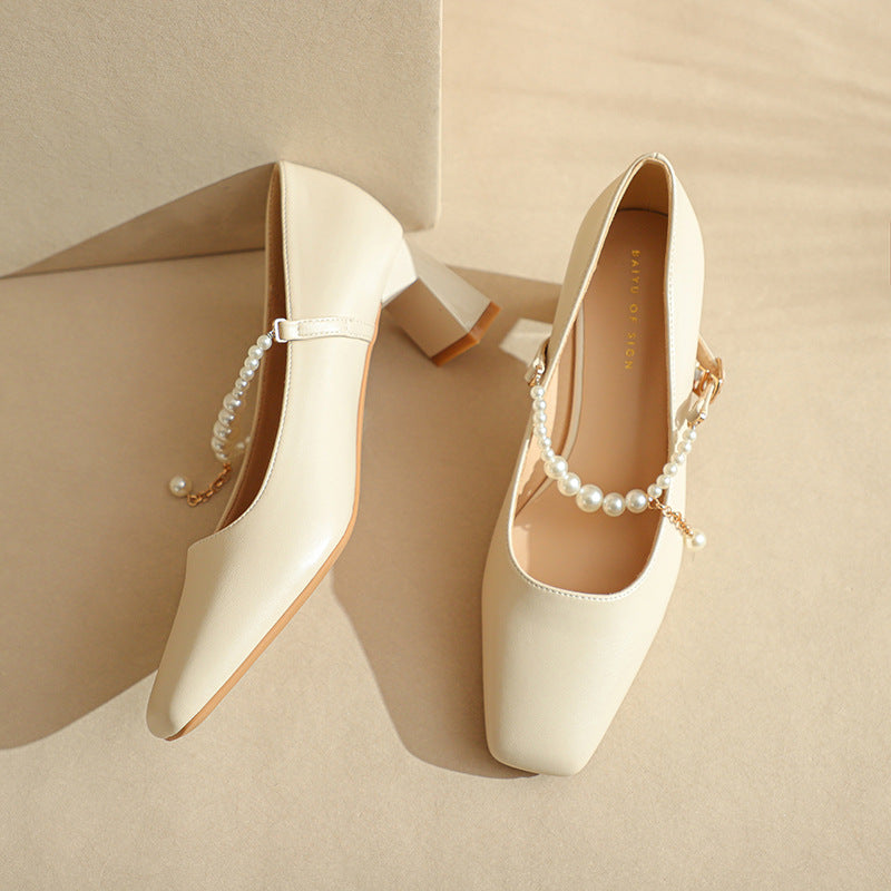 Femme Elegante Chunky-hæls-Mary-Jane-sko med perle-detalje Stilla